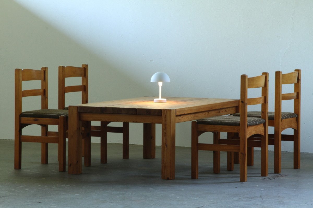 Vintage 1970s Danish Mid-Century Modern Solid Chunky Pine Dining Chair, Set of 4