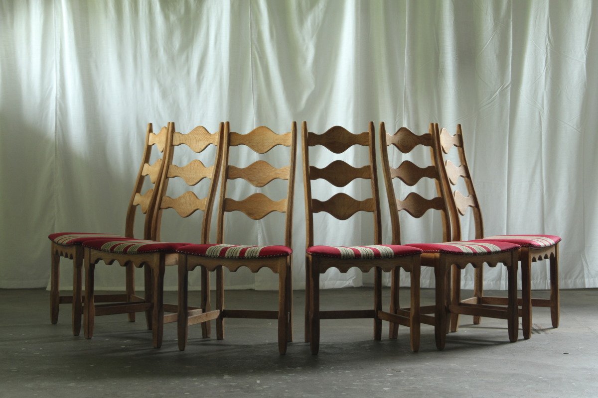 Vintage 1960s Danish Brutalist set of 6 Ladder Oak Chairs style of Kjærnulf