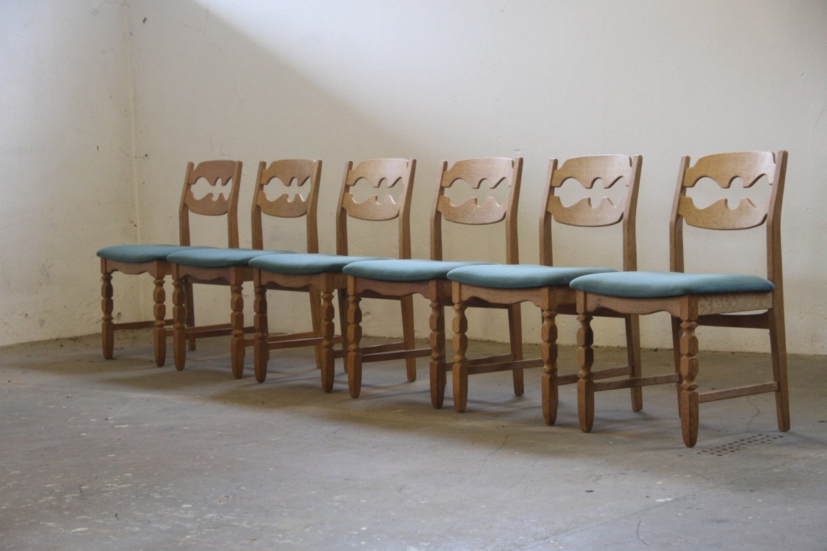 6 Vintage Danish Brutalist Oak Razorblade Dining Chairs, H. Kjærnulf style 1960s