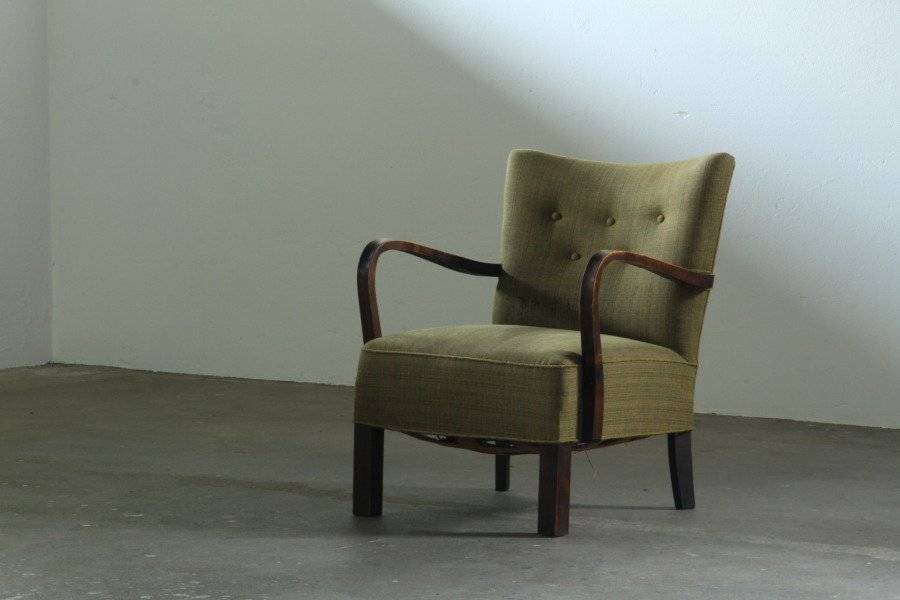 Vintage 1930s Danish Beechwood Lounge Chair with Curved Armrests, Denmark