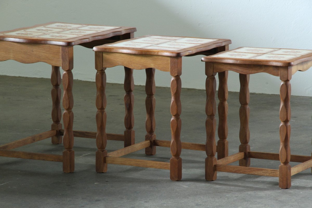 Vintage Danish Oak Nesting Tables with Ceramic Tile Tops, 1970s Set of Three