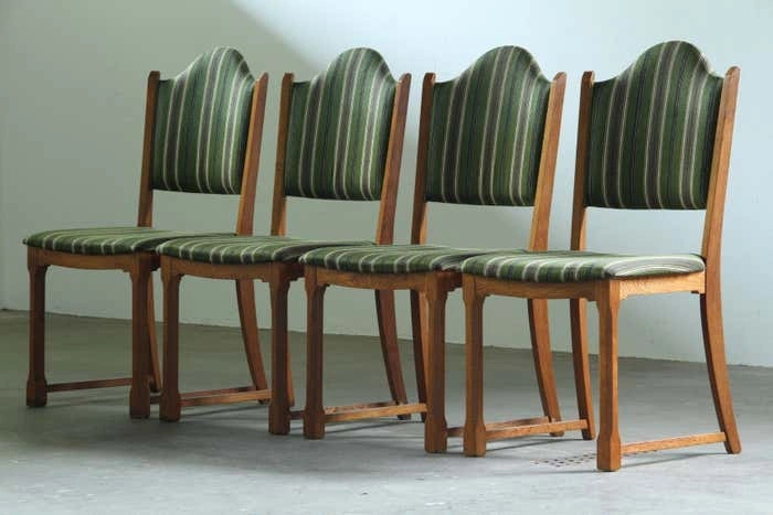 Vintage Set of Four Slim Oak Dining Chairs with Upholstered Backs – 1960s