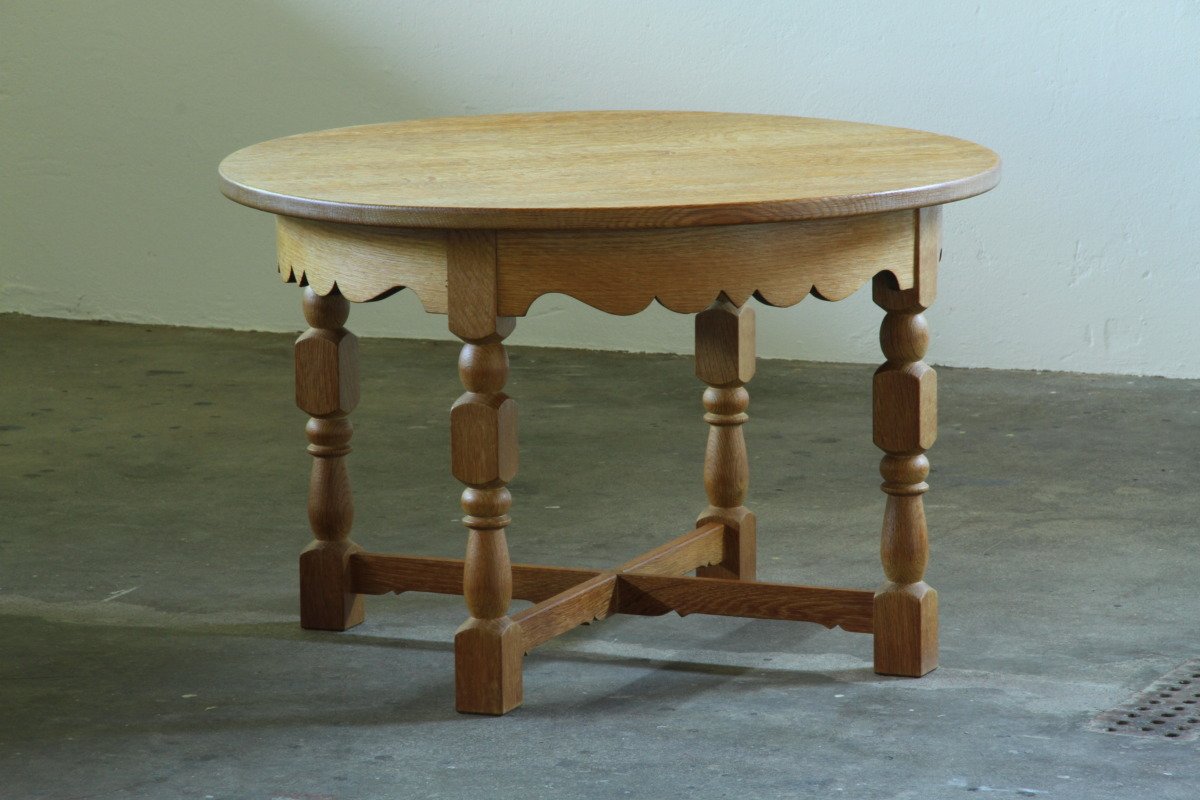 Vintage Small Brutalist Solid Oak Coffee Table Style of Henning Kjærnulf – 1960s