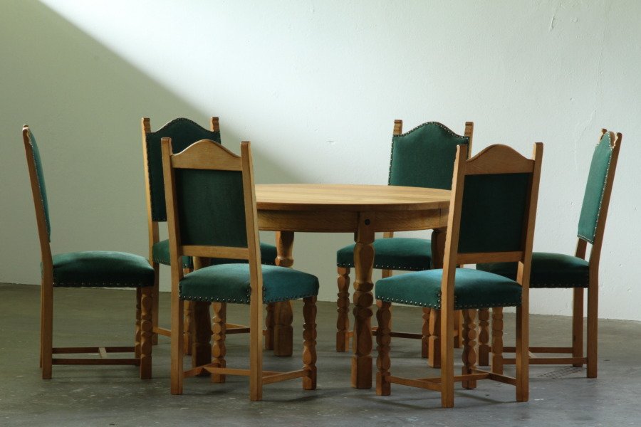 Vintage set of Four Brutalist Oak Dining Chairs, Green Velvet, Denmark, 1960s