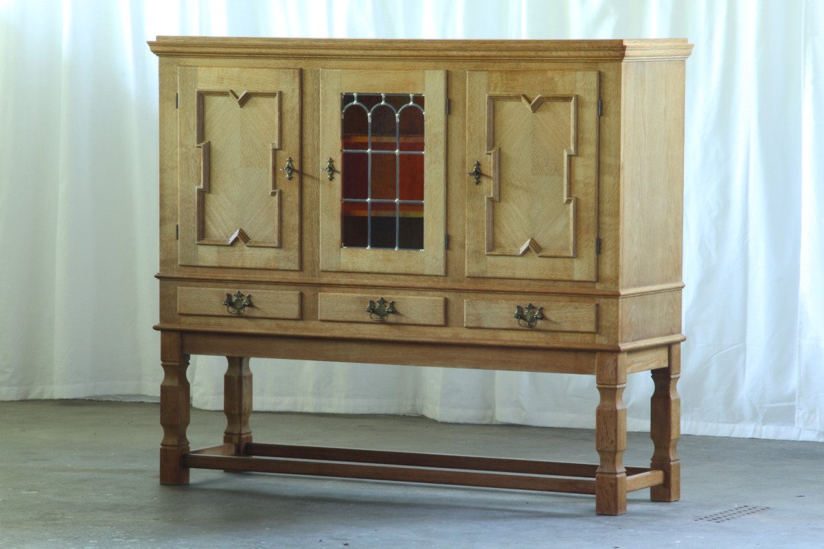 Vintage Oak Display Cabinet / Vitrine with Leaded Glass, Denmark – 1960s