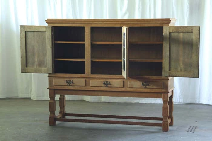 Vintage Oak Display Cabinet / Vitrine with Leaded Glass, Denmark – 1960s