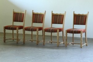 Set of Four Vintage Scandinavian Oak Dining Chairs with Original Patterned Uphol