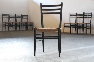 Vintage Set of Italian Papercord Black Dining Chairs, woven seat, 1950s