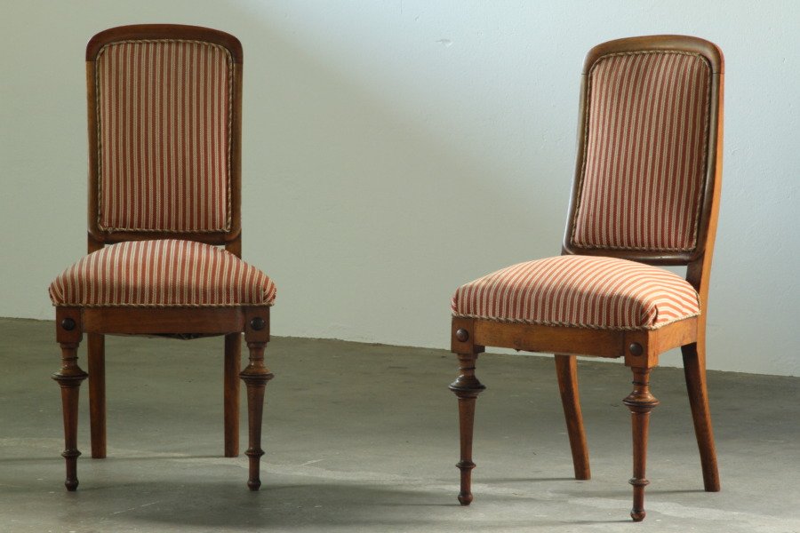 Pair of Antique 1870s Danish Late Victorian Mahogany Parlor Striped Chairs