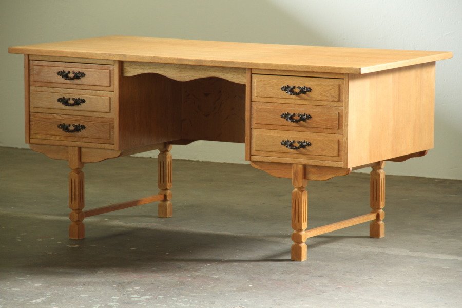 Vintage Mid-century Brutalist Danmark Oak Desk, Style of Henning Kjærnulf