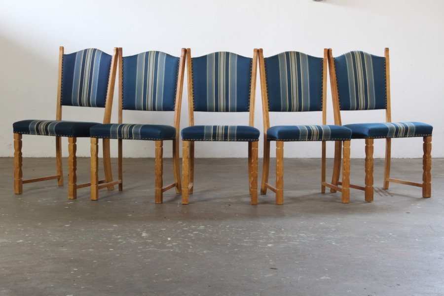 Set of 5 Vintage Mid-Century Modern Danish Oak Dining Chairs, Kjærnulf style