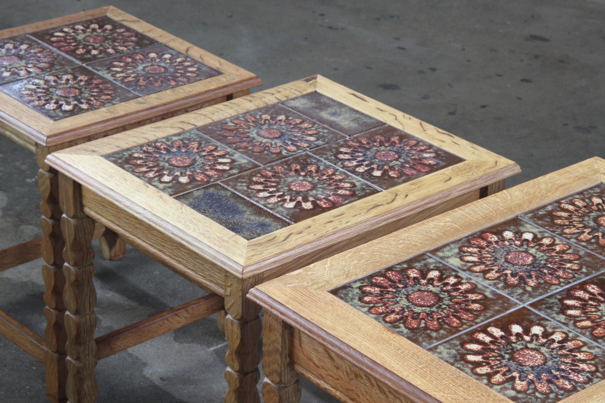 Vintage 60s Danish Brutalist Oak Nesting Tables in the style of Henning Kjærnulf