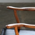 Vintage 60s Brutalist Solid Oak Razorblade Black Leather Armchair by H. Kjærnulf