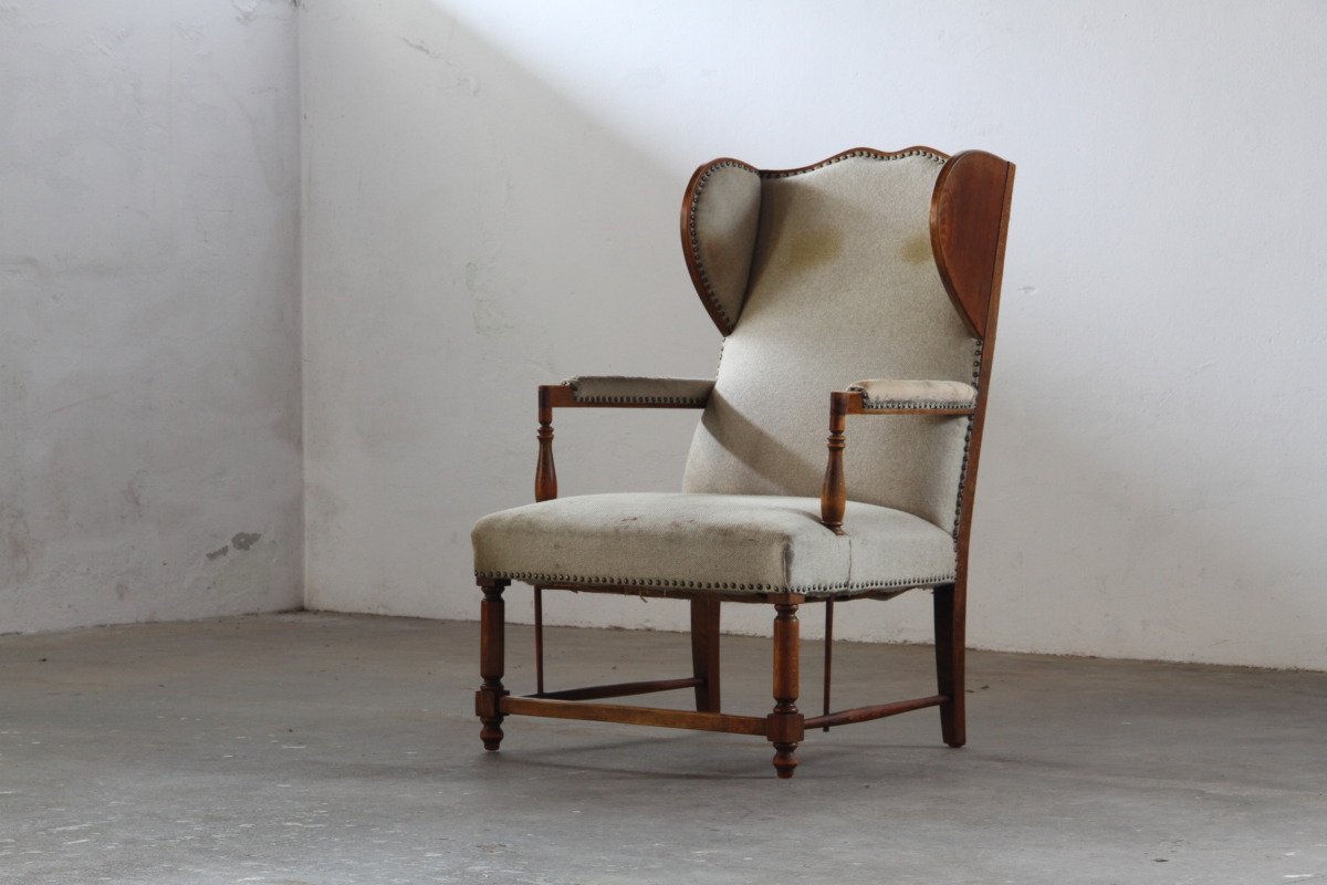 Vintage “Earflap” Dover Wingback Oak Armchair, Denmark, 1930s